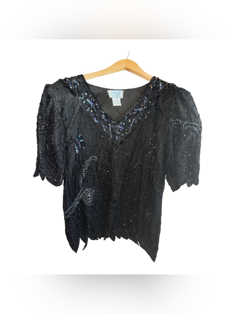 Mark & John Vintage Beaded & Sequin Black Evening V Neck Blouse Shoulder Pads